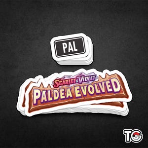 May include: A stack of stickers featuring the text "PALDEA EVOLVED" with the words "SCARLET & VIOLET" above in a purple and pink font. The stickers are on a dark gray background with a "PAL" sticker on top.