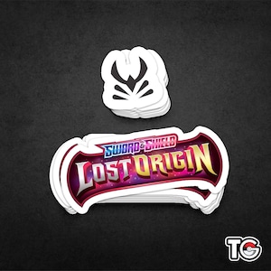 May include: A stack of white stickers with the Sword & Shield Lost Origin logo. The logo is in a red, purple, and gold color scheme with a galaxy background. The logo is surrounded by a white border.