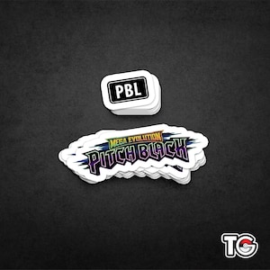 May include: A stack of rectangular stickers with the text PBL in white on a black background, and a stack of die-cut stickers featuring the text Mega Evolution Pitch Black in purple and yellow with a blue and black brushstroke background design.