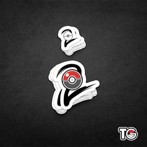 May include: A white sticker with a black and red Pokeball design. The Pokeball is surrounded by a black swirl. The sticker is layered and has a slight 3D effect.