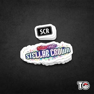 May include: A stack of stickers featuring the text "Stellar Crown" with a colorful design and the text "Scarlet & Violet" in a smaller font. The top sticker is a black rectangle with the text "SCR" in white.
