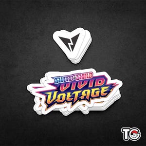 May include: A stack of white stickers featuring the Pokemon Sword & Shield Vivid Voltage logo in a colourful, stylised font. The logo is in a gradient of pink, purple, and yellow. The stickers are stacked against a dark grey background.