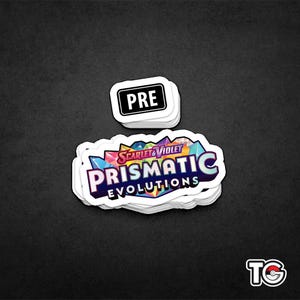 May include: A sticker with the text "PRE" and a larger sticker with the text "Scarlet & Violet Prismatic Evolutions" in a colourful, geometric design.