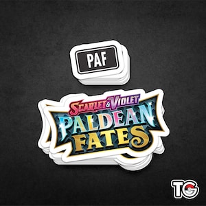 May include: A stack of stickers featuring the Pokemon Trading Card Game logo, the text "Scarlet & Violet Paldean Fates", and the abbreviation "PAF".
