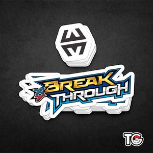 May include: A stack of white stickers with a blue and yellow logo that says "BREAKTHROUGH" and a black and white logo that looks like a double "W".