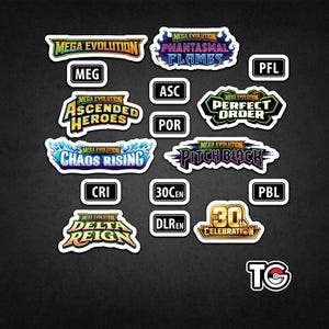 May include: A collection of colorful stickers featuring Mega Evolution logos including Phantasmal Flames, Ascended Heroes, Perfect Order, Chaos Rising, Pitch Black, Delta Reign, and a 30th Celebration emblem, alongside small black rectangular labels with codes.