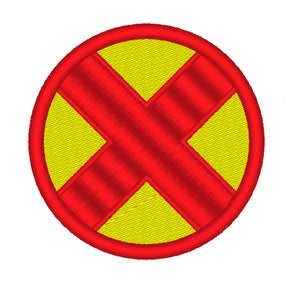 May include: An embroidered patch with a large red X in the centre, on a yellow background.