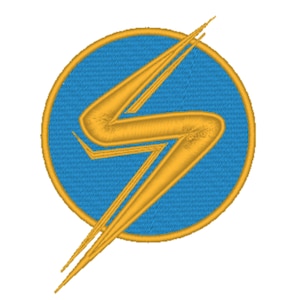 May include: A yellow lightning bolt symbol in a blue circle. The symbol is stylised and has a double outline.