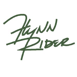 Könnte beinhalten: Ein grünes handgeschriebenes Logo mit dem Text "Flynn Rider".