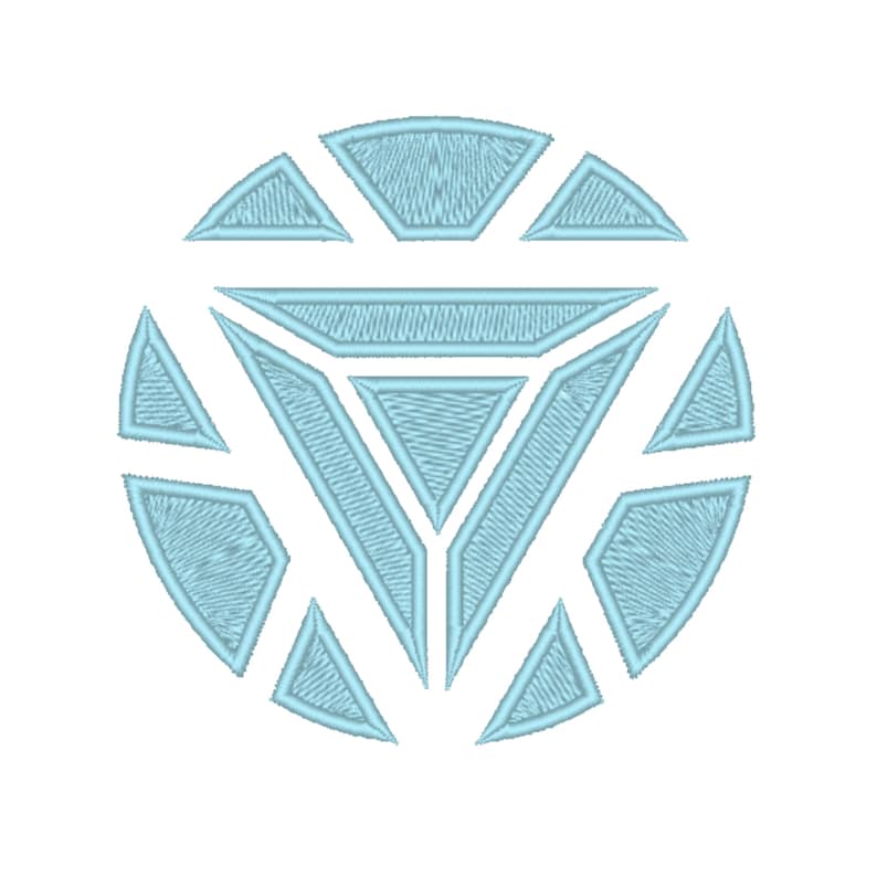 May include: A light blue iron man symbol with a geometric design. The symbol is made up of triangles and circles.