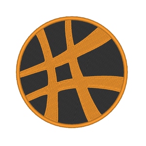 Könnte beinhalten: Ein runder gestickter Aufnäher mit schwarzem Hintergrund und einem orangefarbenen geometrischen Muster. Das Muster ähnelt einem Netz oder einem Liniennetz.