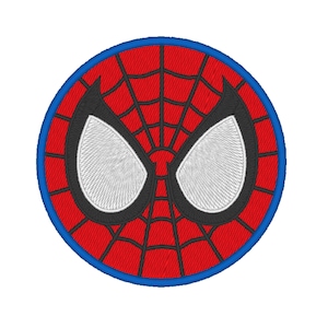 May include: A red and blue circular patch with a black spider web design and white eyes.