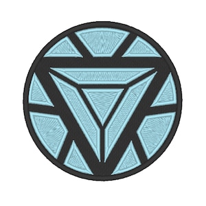 May include: A black and light blue embroidered iron man logo patch. The logo is a circle with a triangle in the center. The triangle is surrounded by a series of smaller triangles.