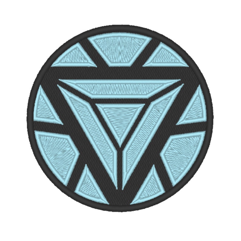 May include: A black and light blue embroidered iron man logo patch. The logo is a circle with a triangle in the center. The triangle is surrounded by a series of smaller triangles.