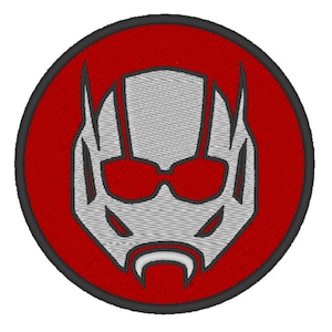 May include: A red circle with a black outline contains a gray and red Ant-Man mask. The mask has a red mouth and red eyes.