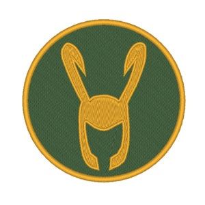 Pode incluir: Um círculo verde com contorno amarelo, apresentando uma silhueta amarela do capacete com chifres de Loki.