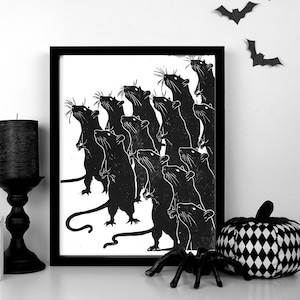 A Mischief | Rats | Glows In The Dark| Original Linocut Print | 8" x 10" Wall Art