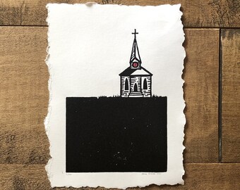 Haunted Chapel, Original Linocut Print, 5&quot;x7&quot; Wall Art, Table Top Art
