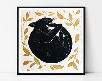 Cat-Ouroboros, Cat Print, Cat Art,  Original Linocut Print, 12&quot; x 12&quot; Wall Art