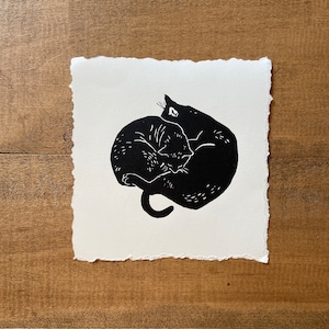 Double Snuggle Cat Print - Black, Original Linocut Print, Wall Art, 6&quot;x6&quot;