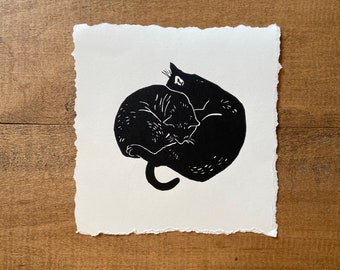 Double Snuggle Cat Print - Black, Original Linocut Print, Wall Art, 6&quot;x6&quot;