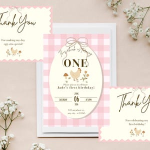 Editable First Birthday Bundle | Chick Theme Girl Party | Invitation, Thank You & Welcome Sign | Gingham Canva Templates