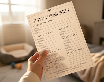 May include: A beige "Puppy Go-Home Sheet" is held in a hand. The sheet includes sections for puppy information, feeding & diet, grooming, health info, and socialization. The text is in black, with paw print icons.