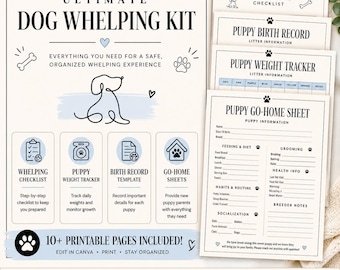 May include: A printable Ultimate Dog Whelping Kit with 10+ pages, including a checklist, weight tracker, birth record template, and go-home sheets. The kit is designed to help breeders and includes a puppy illustration and paw prints.