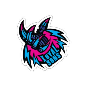 May include: A sticker with a pink and blue cartoon monster with a lightning bolt and the text "LOYAL SONS".
