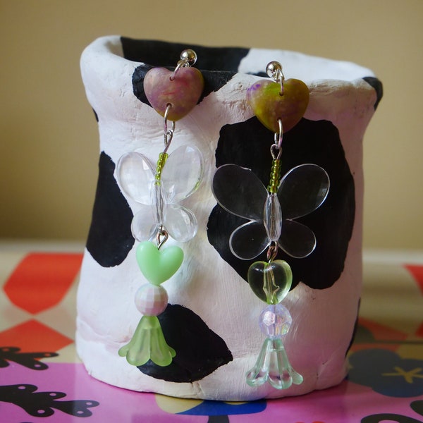 Handmade Mismatch Fairycore Dangly Earrings - Repurposed recycled green, earthy, white translucent beads. Sustainable statement jewellery!