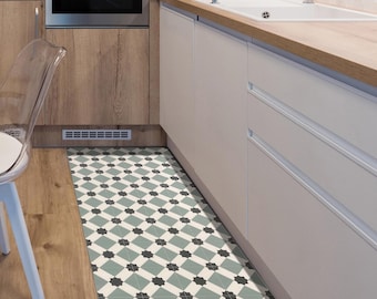 POSTEL - Tapis de cuisine en vinyle. Antidérapant. Protection du sol. Motif carreaux de ciment. Largeur 50-66 cm.