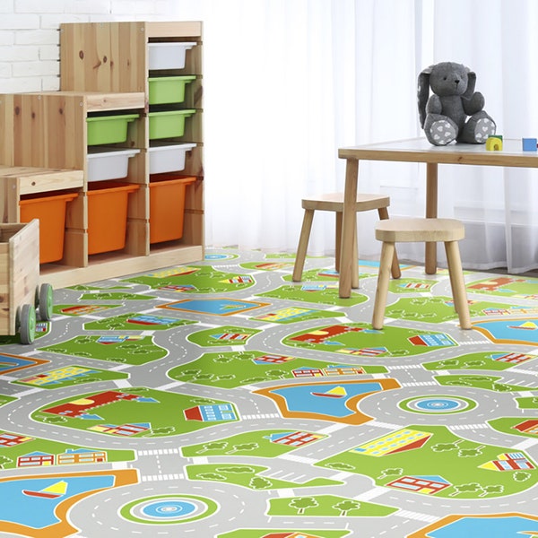 Tapis en vinyle chambre d'enfant - STREET - Course sur piste - Tapis de jeu en vinyle Tapis en PVC Tapis en vinyle pour enfant