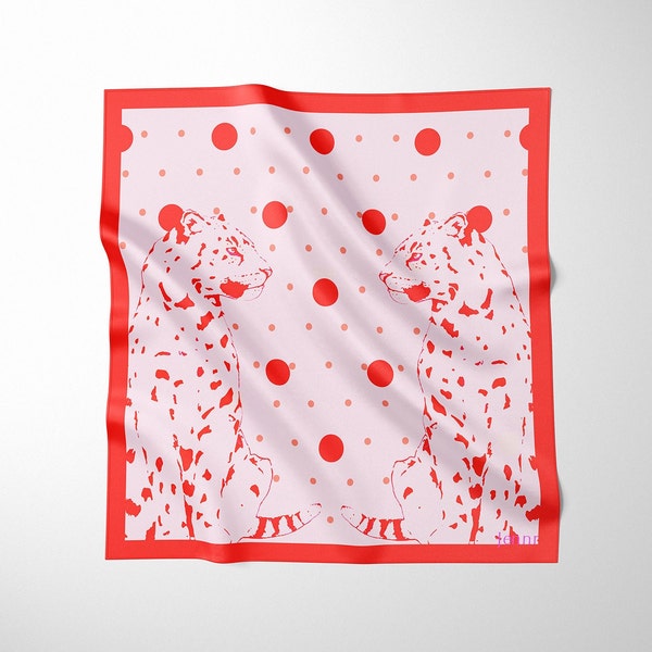 Red and pink polkadot scarf. Silk Scarf. Jaguar silk scarf. Leopard silk scarf. Ethical silks scarf