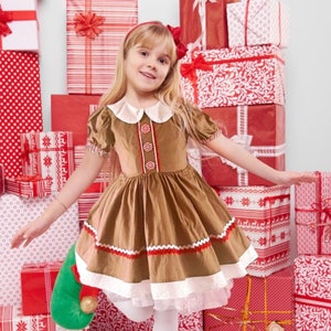 Robe pain d&#39;épice pour fille, robe en pain d&#39;épice, robe de Noël pour fille, tenue de fête en coton, robe de Noël traditionnelle, putfit pain d&#39;épice