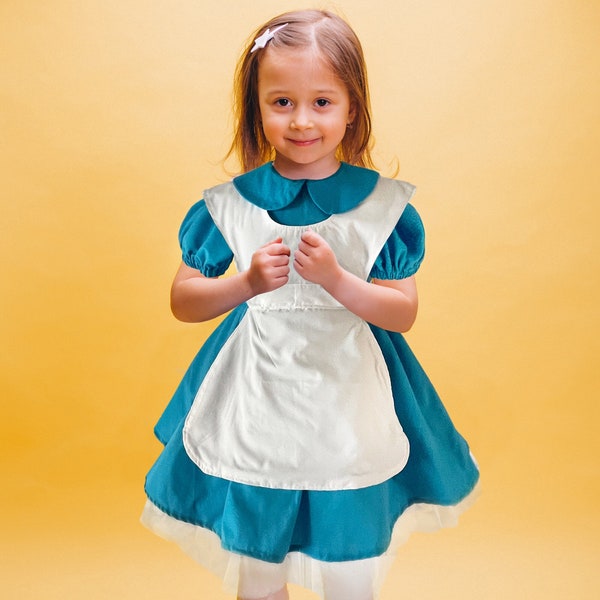 Alice in Wonderland Costume, Birthday Party Dress,Girls Cotton Costume,Twirl Dress,Dress with Pinafore,Vintage Dress ,Theater Costume,