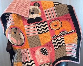 Handmade Safari Baby Girl Quilt: Zoo Animal Nursery Decor