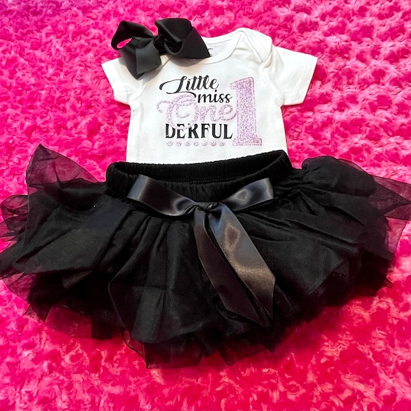 Little Miss ONEderful First Birthday Outfit for baby girl with black tutu bloomers, Glitter 1st birthday dress, 1st birthday outfit girl.