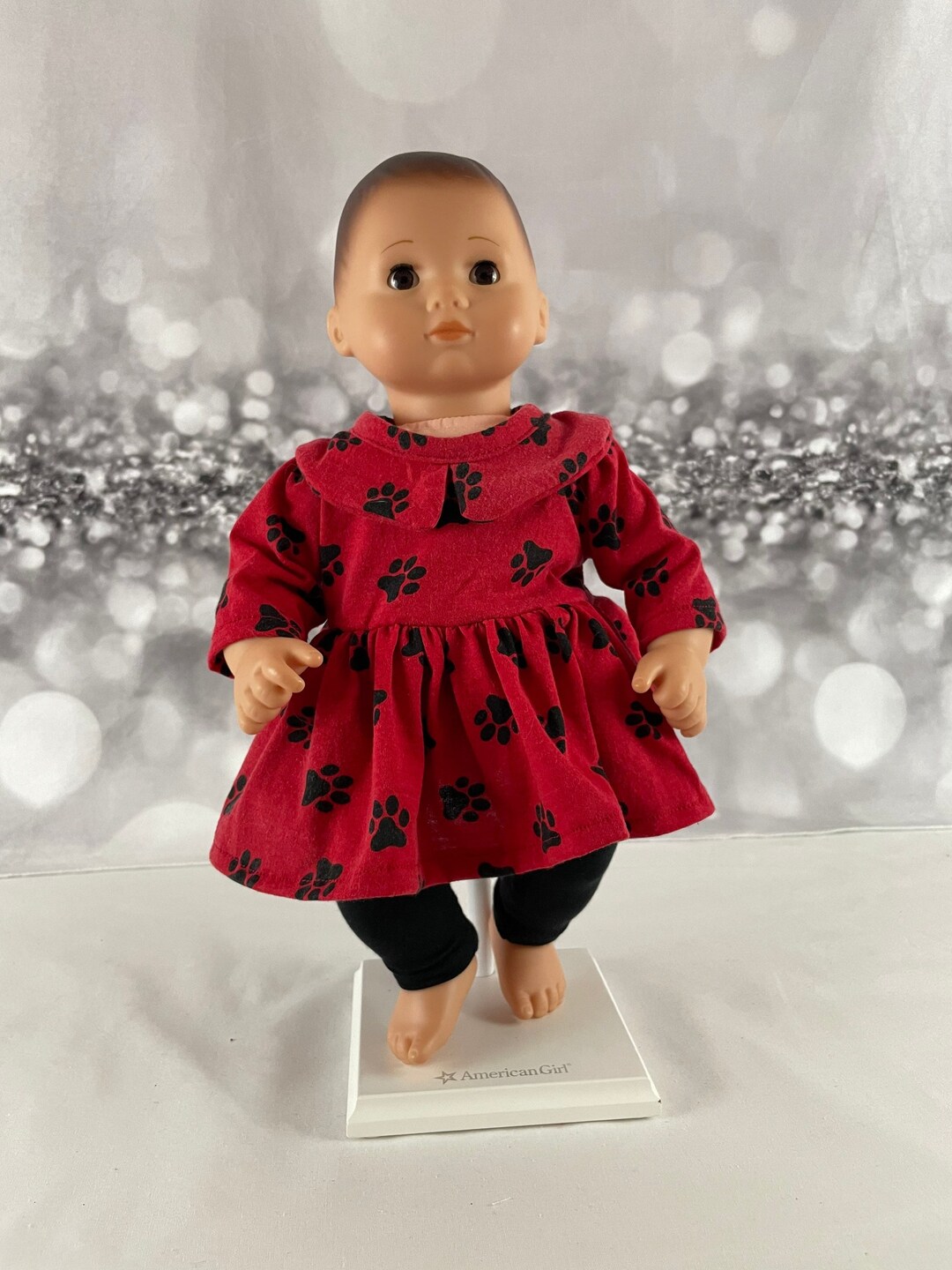 Baby Doll Play Outfit, Red Outfit for Dolls. Paw Print Doll Dress