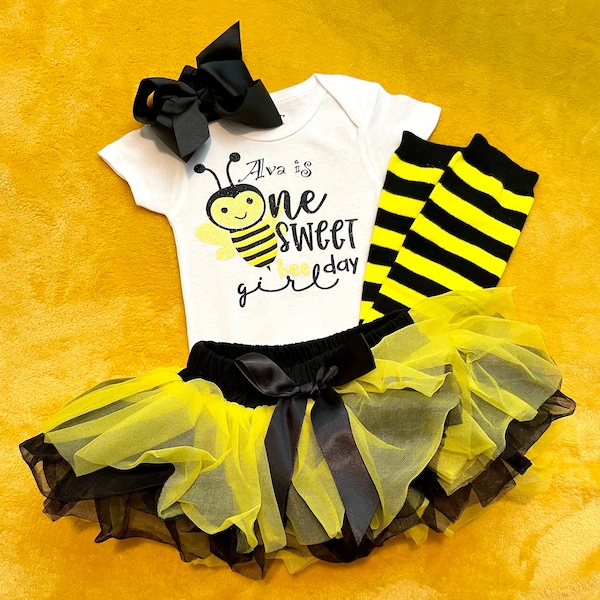 Bumble Bee First Birthday Outfit for girl with yellow and black tutu bloomers - first bee-day birthday outfit, yellow tutu, 1st bday outfit