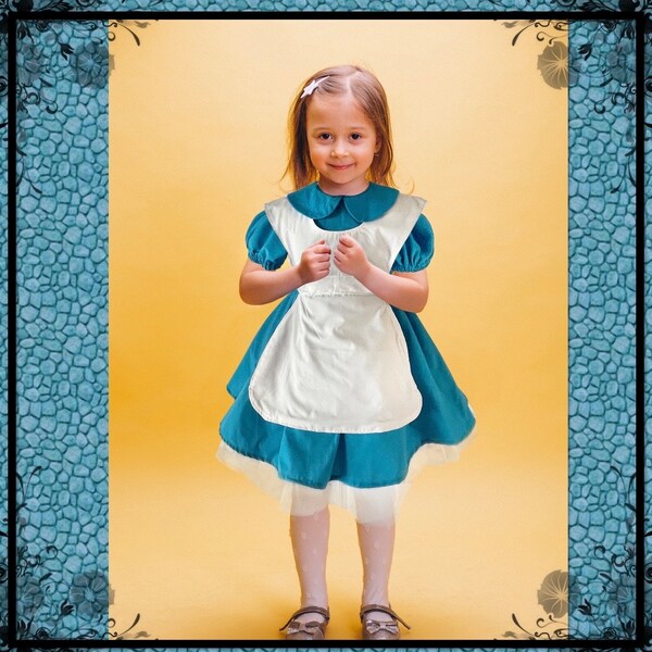 Alice in Wonderland Costume, Birthday Party Dress,Girls Cotton Costume,Twirl Dress,Dress with Pinafore,Vintage Dress ,Theater Costume,