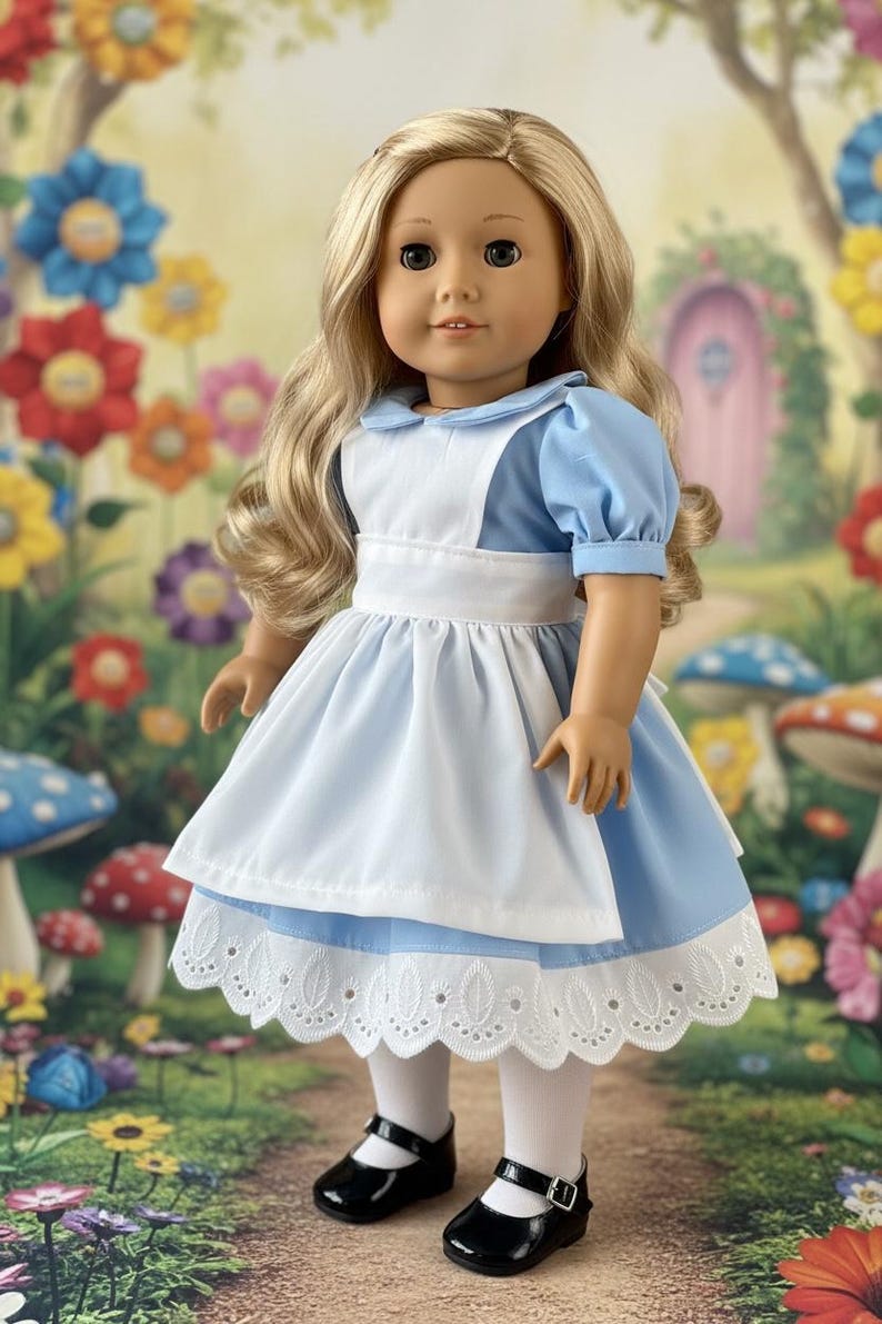Peut inclure: Une poup&eacute;e aux longs cheveux blonds portant une robe bleu clair &agrave; manches courtes bouffantes, un tablier blanc et un col blanc. La robe pr&eacute;sente une bordure en dentelle blanche &agrave; &oelig;illets sur l'ourlet. La poup&eacute;e porte des collants blancs et des chaussures noires.