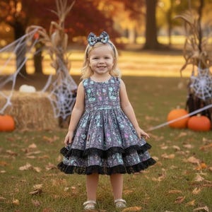 May include: A sleeveless dress featuring a stained-glass style print with characters from The Nightmare Before Christmas, accented by two tiers of black lace trim at the hem, paired with a matching bow headband in the same patterned fabric.