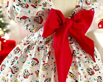 minnie christmas dress Mickey & Mouse Dress, Hoilday Toddler Mickey Minnie Dress, Mickey Minnie Mouse Party photos with Santa Dress Celebrate the holiday season in style with this adorable Disney Minnie Mouse Christmas dress and Santa hat outfit set Minnie Mouse Holiday Christmas Dress