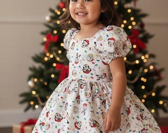 Christmas Mickey & Minnie Mouse Dress, Christmas Girls Dress with Character Inspired Print – Festive Holiday Outfit, Santa Photo Dress