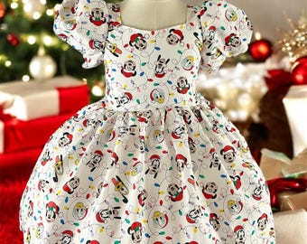 Christmas Mickey & Minnie Mouse Dress, Christmas Girls Dress With Character Inspired Print – Festive Holiday Outfit, Santa Photo Dress