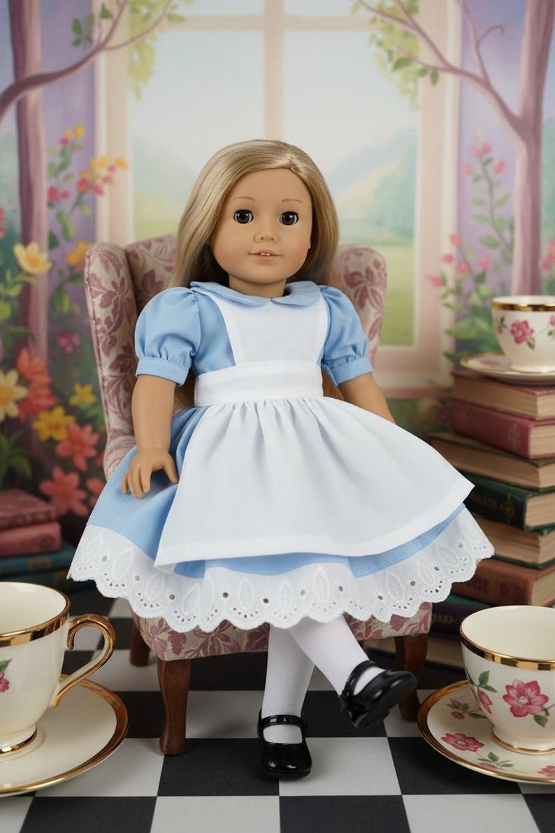 Peut inclure: Une poup&eacute;e aux longs cheveux blonds v&ecirc;tue d'une robe bleu clair &agrave; manches courtes bouffantes, d'un tablier blanc et d'une bordure en dentelle blanche &agrave; l'ourlet. La poup&eacute;e porte &eacute;galement des collants blancs et des chaussures noires &agrave; bride.