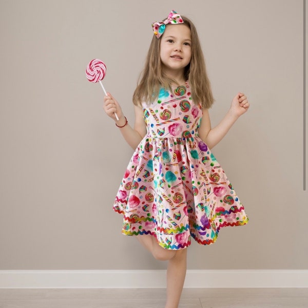 Girls Candyland Birthday twirl dress, Lollipop cotton candy dress, Rainbow candy girl dress, Candyland themed Birthday twirl dress for girls