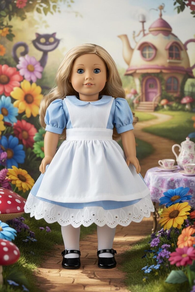 Peut inclure: Une poup&eacute;e aux longs cheveux blonds et aux yeux bleus portant une robe bleu clair avec un tablier blanc et un ourlet en dentelle blanche. La poup&eacute;e porte des collants blancs et des chaussures noires, avec un col claudine et des manches bouffantes.
