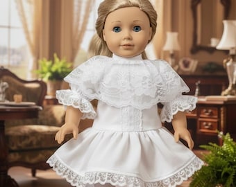 White Picnic Doll Dress, 18 Inch Doll Clothes, Historical Doll Dress, Vintage Style Doll Outfit, Edwardian Doll Dress with Lace Collar
