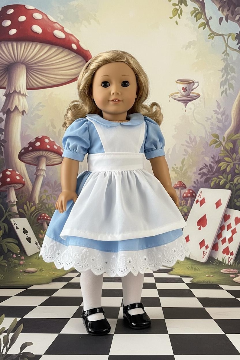 Peut inclure: Une poup&eacute;e aux cheveux blonds portant une robe bleu clair &agrave; manches courtes bouffantes, un tablier blanc avec une large ceinture, des collants blancs et des chaussures Mary Jane noires. La robe pr&eacute;sente un col rond et une bordure en dentelle.